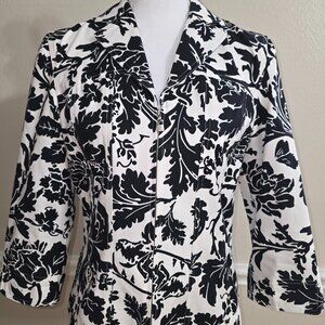 Peck & Peck Weekend Black White Floral Zip Jacket Size 4 Cotton Blazer